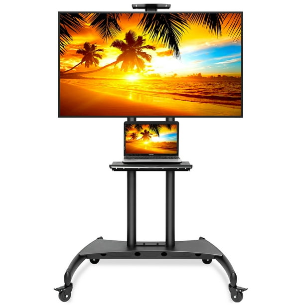 Mobile TV Cart Stand Rolling LCD LED OLED Flat Screens Adjustable AV Top Shelf